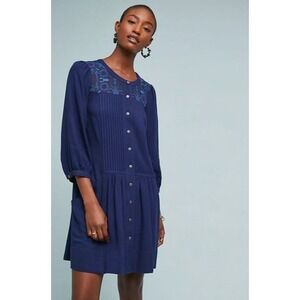 Anthropologie Dubois‎ Embroidered Tunic Dress Navy Size 8 EUC